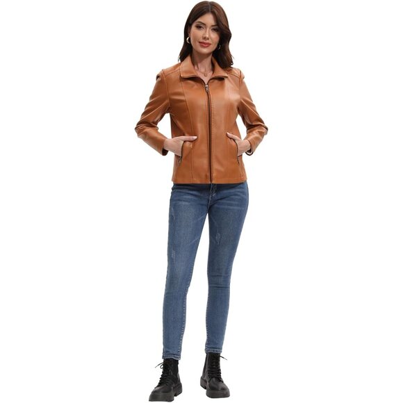 Women Camel Faux Leather Motorcycle Jacket Zip Up Trendy Going Out Coat - Picture 6 of 6